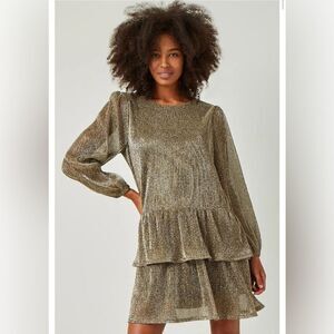 Hayden Girls Gold Foiled Pleated Puff Sleeve Tiered Dress NWT Sz L